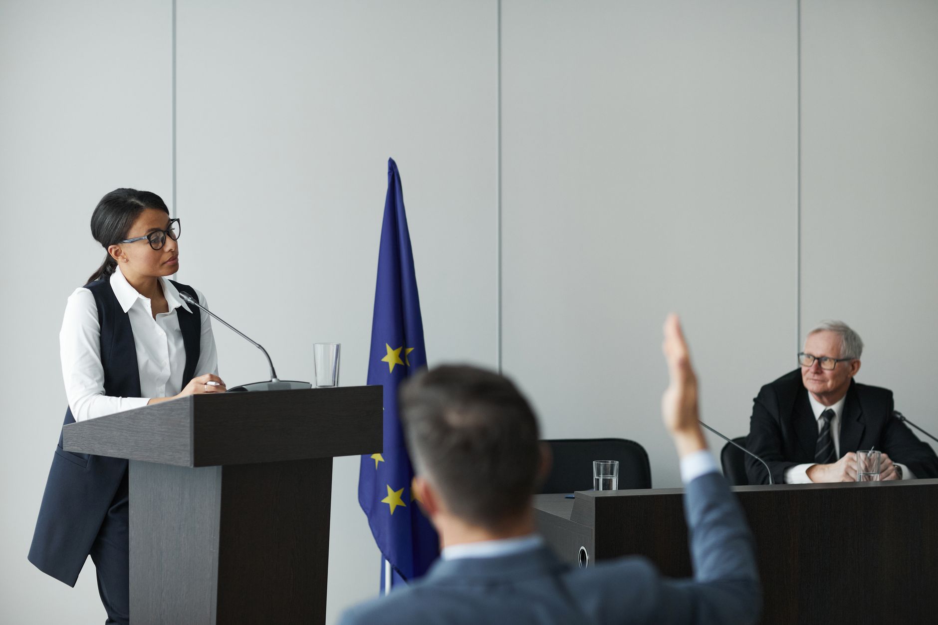 Kobieta przemawia na konferencji UE, delegaci słuchają uważnie